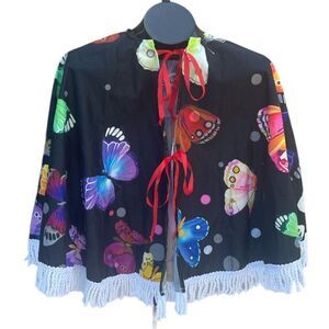 Generic Open Bold Butterfly Black Shawl With White Fringe Red Tie Front Size S